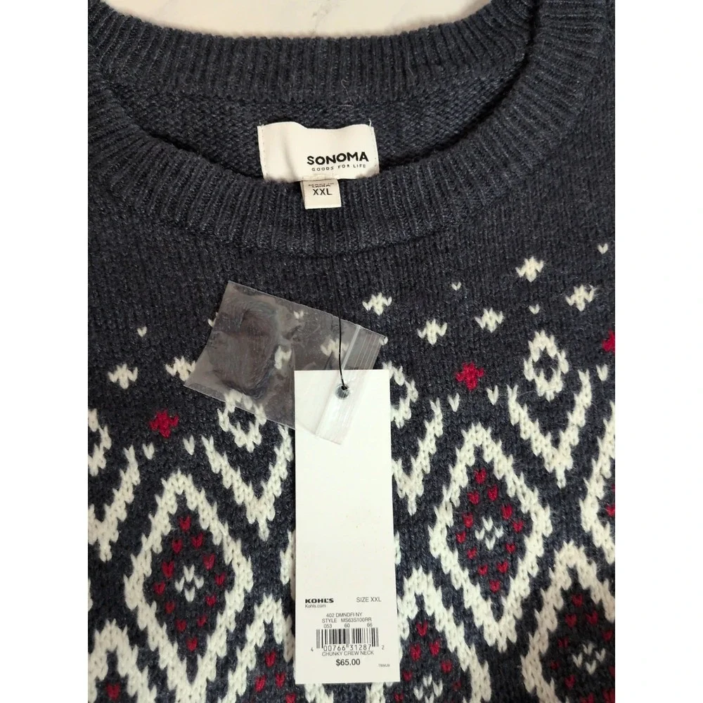 Sonoma Men's Crewneck‎ Sweater Fair Isle Pattern in Navy blue,White, Red 2XL New